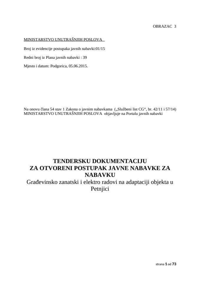 Tender za građevinsko-zanatske i elektro radove na adaptaciji objekta u Petnjici