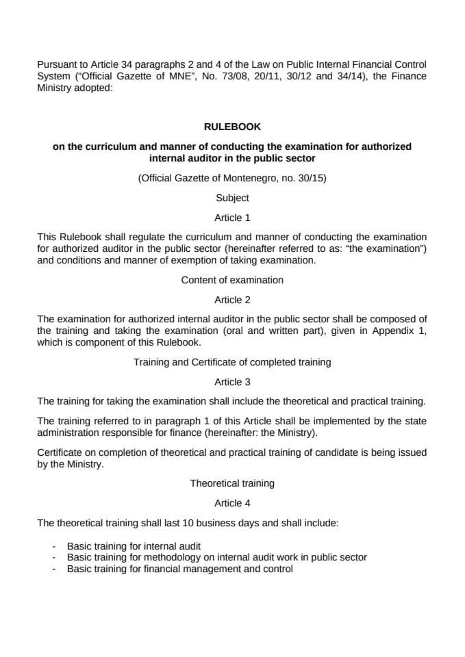 Rulebook on the Curriculum and Manner of Conducting the Examination