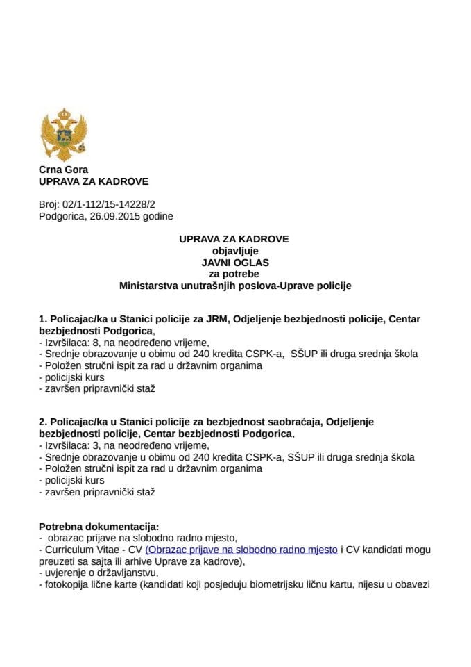 Javni oglas, Policajac-ka u Stanici policije za JRM, CB Podgorica