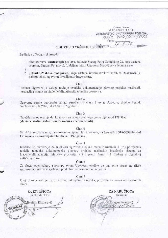 Ugovor o vršenju usluga, 404-16-9082, - Denikoo d.o.o. Podgorica