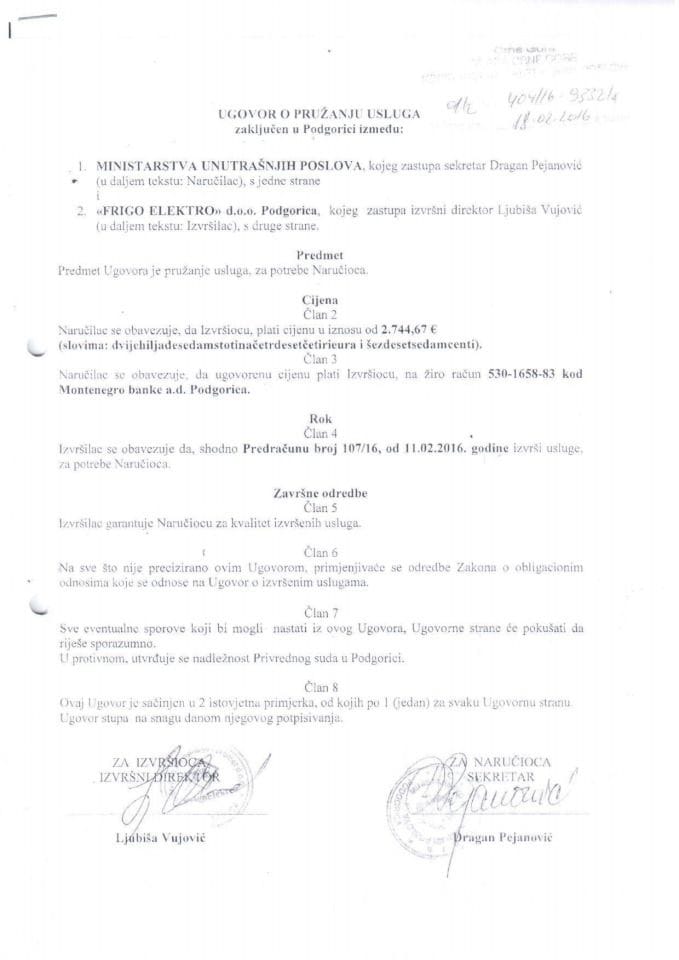 Ugovor o pružanju usluga, 404-16-9332-1, Frigo Elektro d.o.o. Podgorica