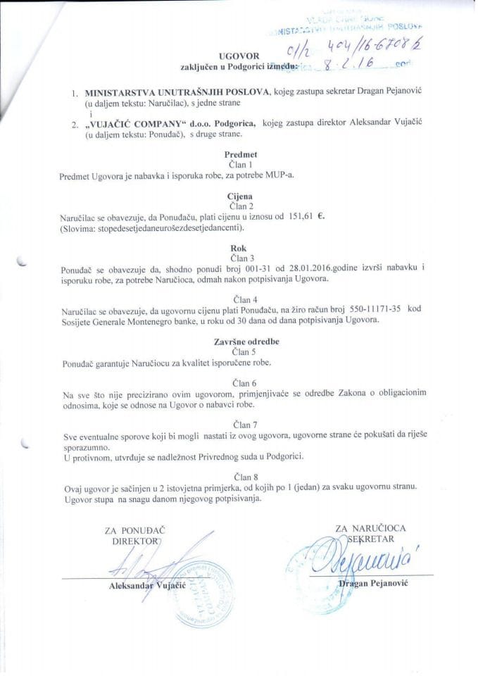 Ugovor, 404-16-6708-2, Vujačić Company d.o.o. Podgorica