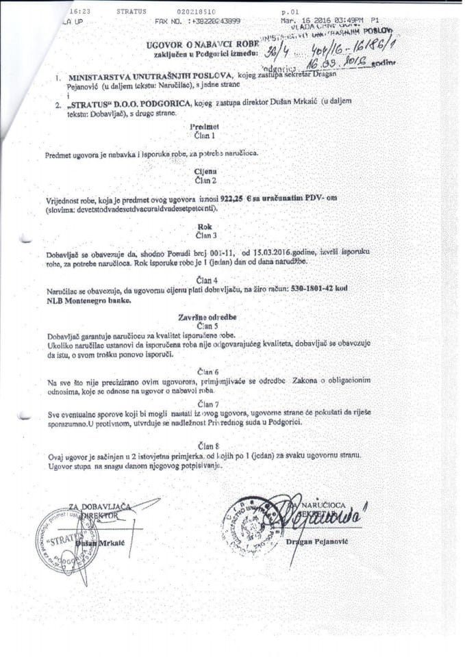Ugovor o nabavci robe, 404-16186-1, Stratus d.o.o. Podgorica