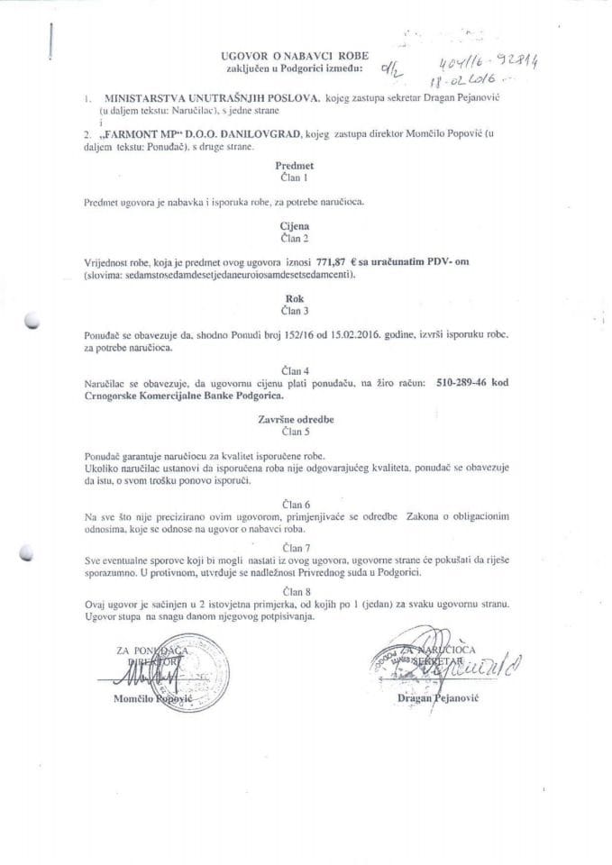 Ugovor o nabavci robe, 404-16-92814, Farmont MP d.o.o. Danilovgrad