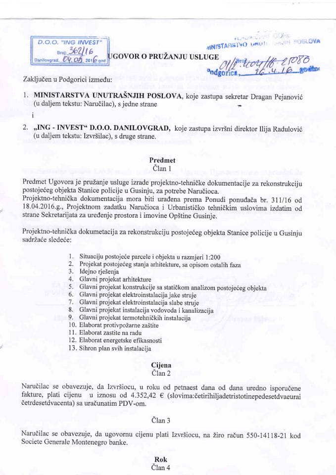 Ugovor o pružanju usluge, 404-16-25086, Ing-Invest d.o.o. Danilovgrad