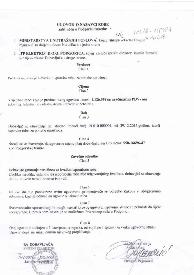 Ugovor o nabavci robe, 404-16-23548-1, Tp Elektro d.o.o. Podgorica
