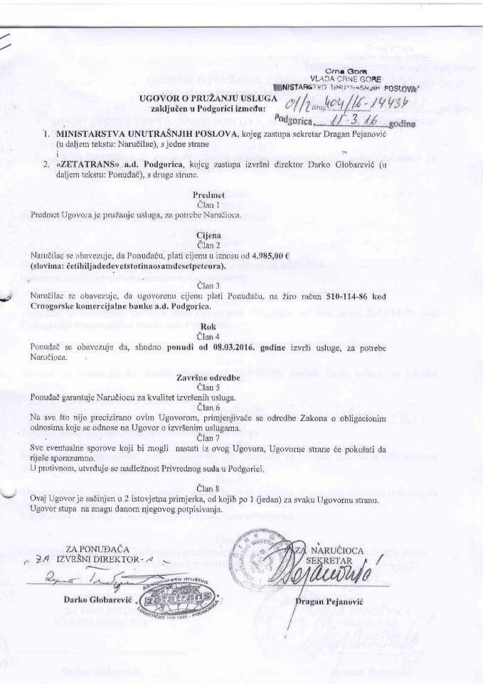 Ugovor o pružanju usluga, 404-16-14434, Zetatrans a.d. Podgorica