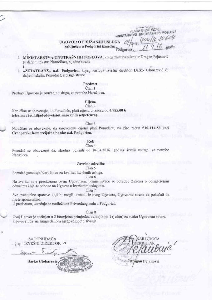 Ugovor o pružanju usluga, 404-16-20604, Zetatrans a.d. Podgorica
