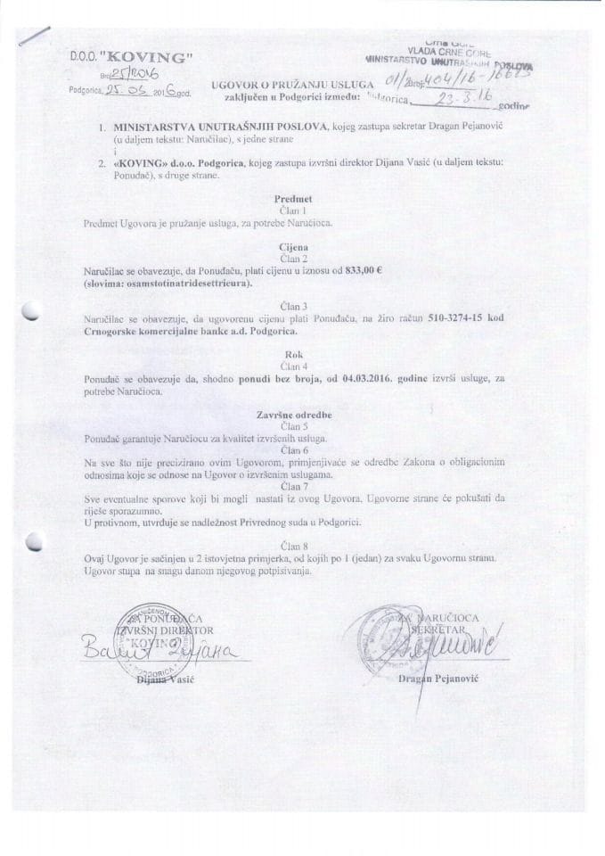 Ugovor o pružanju usluga, 404-16-16683, Koving d.o.o. Podgorica