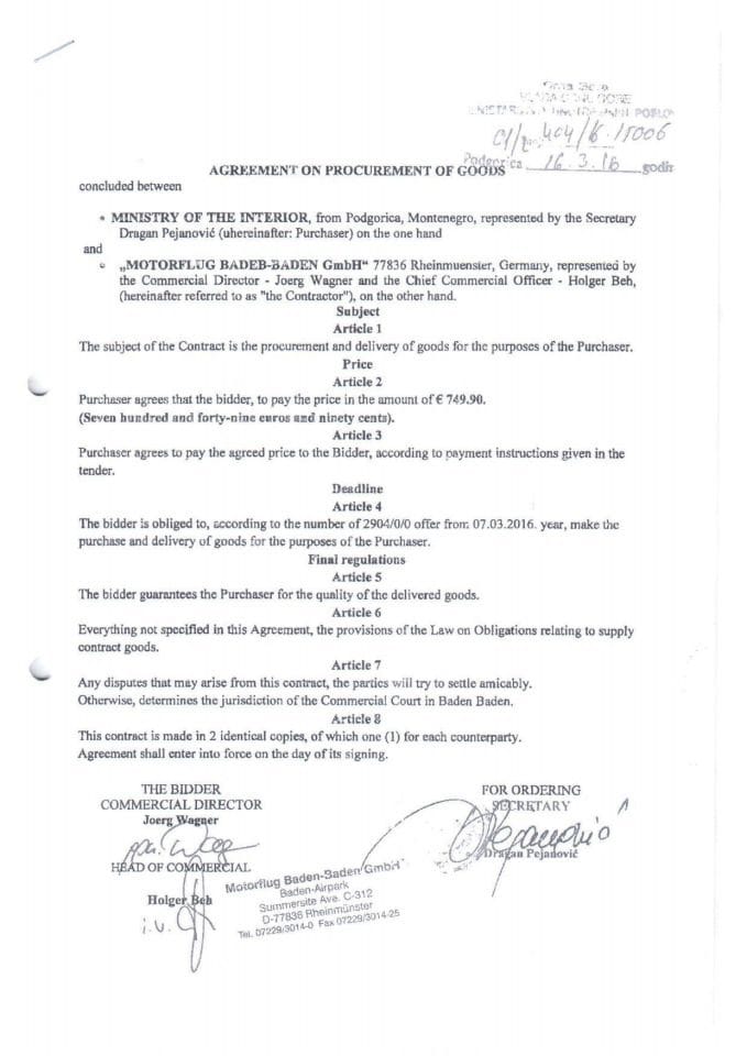 Agreement on procurment of goods, 404-16-15006, Motorflug Badeb-Baden GmbH