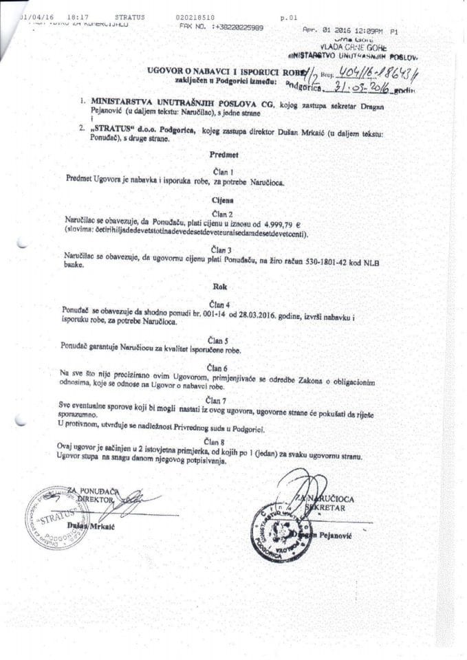 Ugovor o nabavci i isporuci robe, 404-16-28643-1, Stratus d.o.o. Podgorica