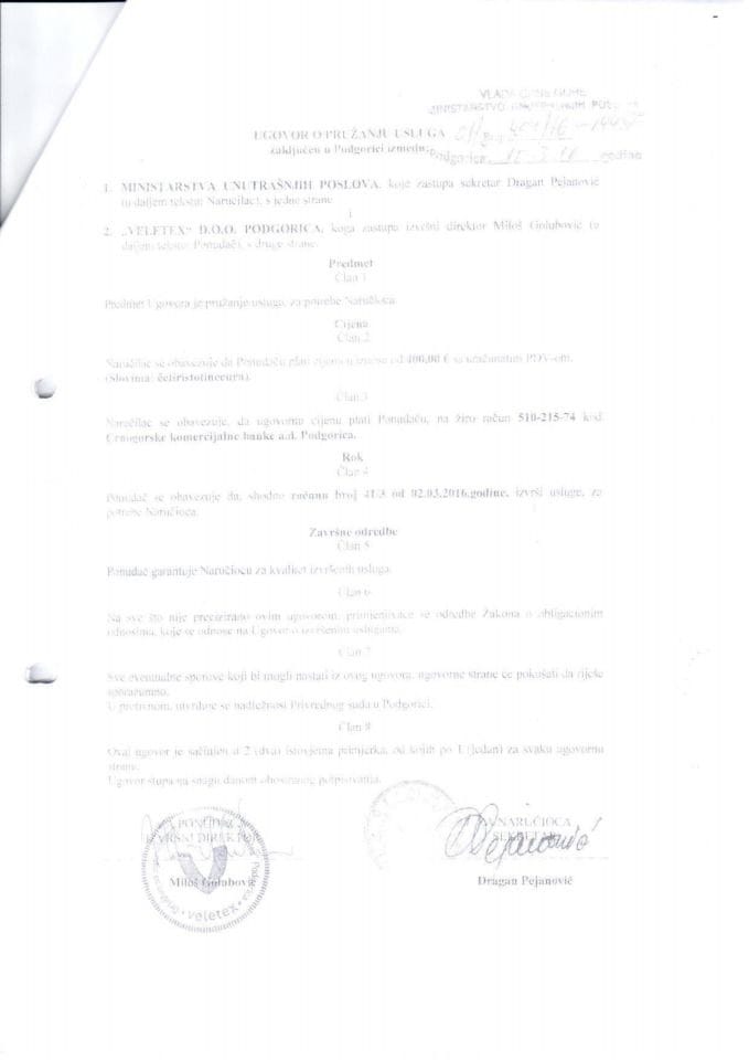 Ugovor o pružanju usluga, Veletex d.o.o. Podgorica