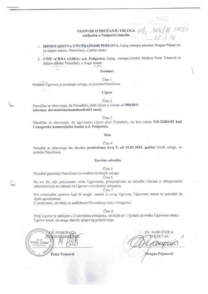 Ugovor o pružanju usluga, 404-16-17069, Utip Crna Gora a.d. Podgorica