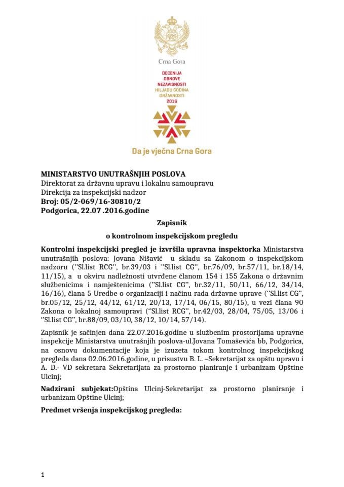 Zapisnik o kontrolnom pregledu- Sekretarijat za urbanizam, Opština Ulcinj