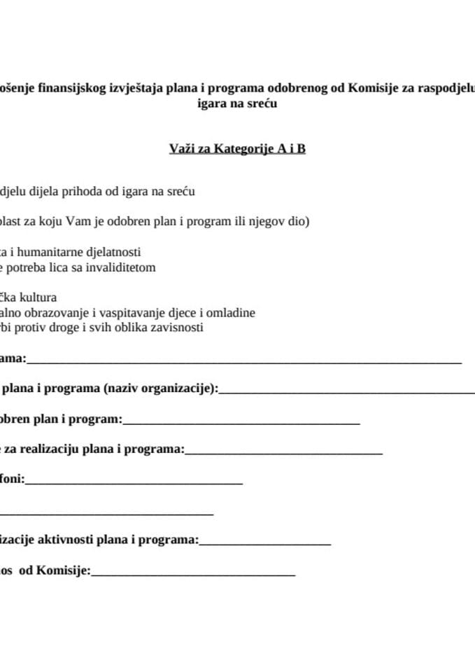 Prilog D - Formular finansijskog izvjestaja kategorija A i B