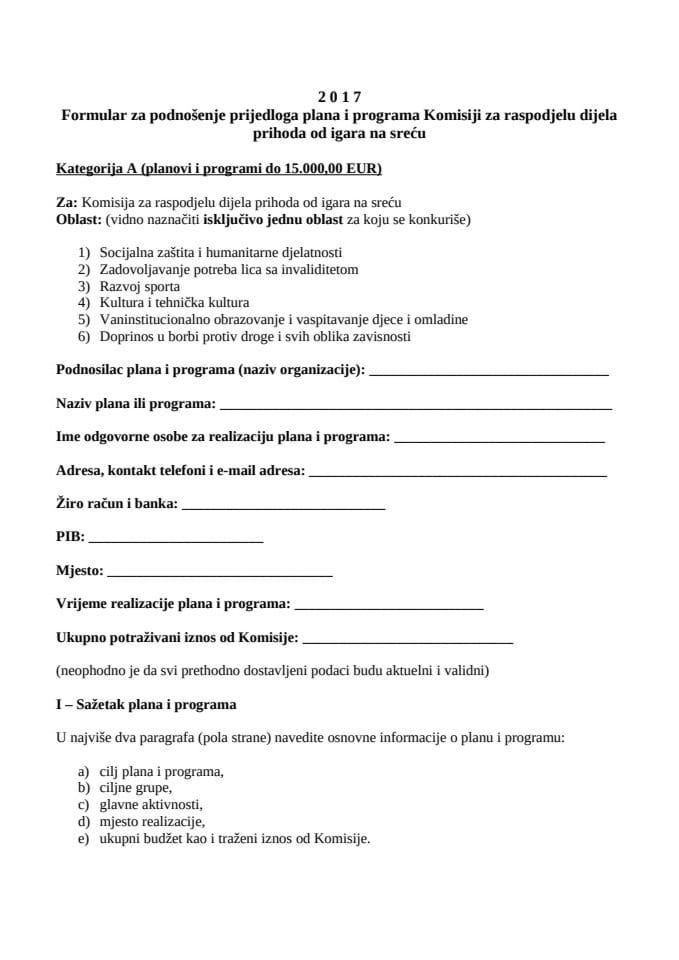 Prilog A - Aplikacioni formular za A kategoriju