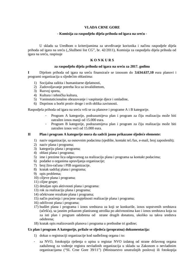 Konkurs za raspodjelu dijela prihoda od igara na srecu za 2017 godinu