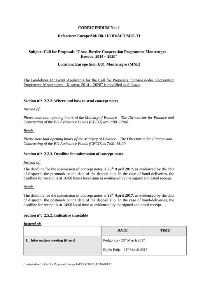 Corrigendum 1 - 1st Call for Proposals CBC MNE-KOS, corrected version