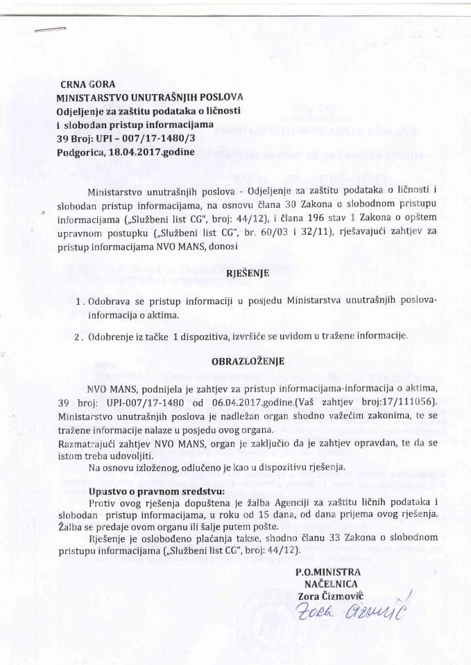 Rješenje br.UPI-007-17-1480