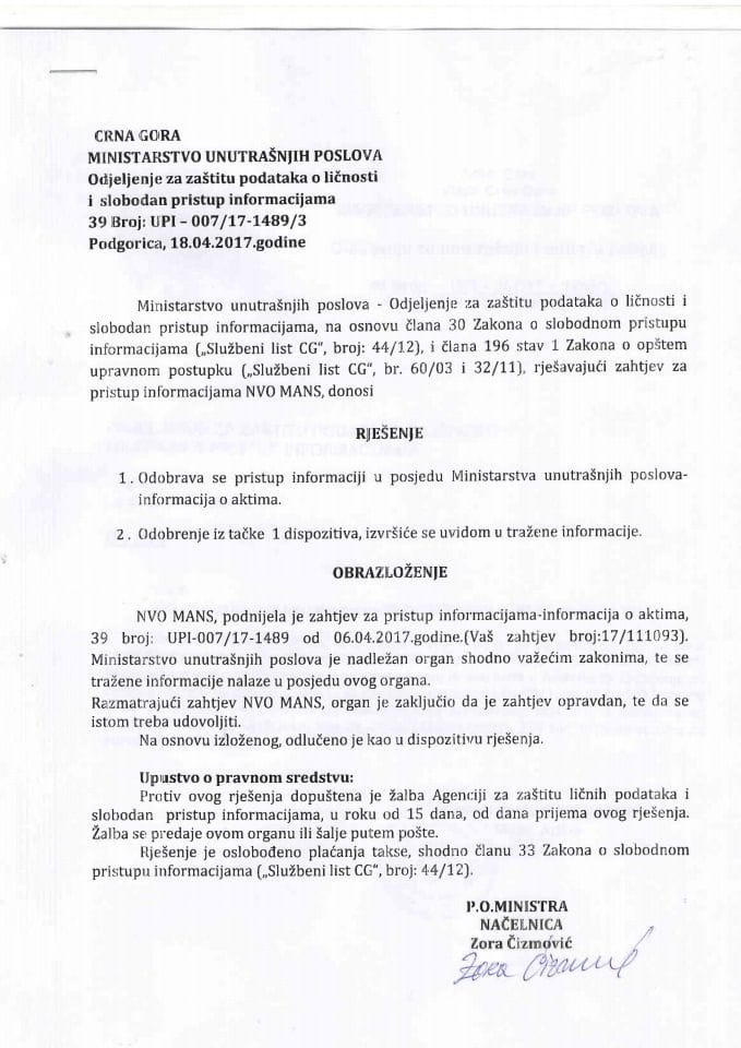 Rješenje br.UPI-007-17-1489