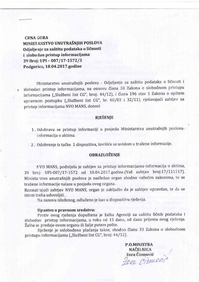 Rješenje br.UPI-007-17-1572