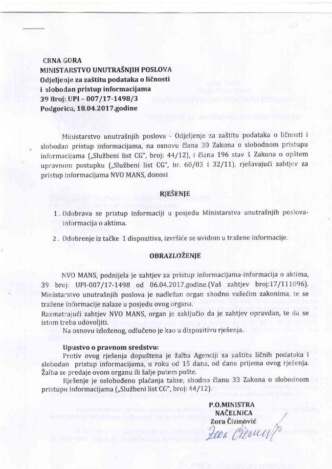 Rješenje br.UPI-007-17-1498