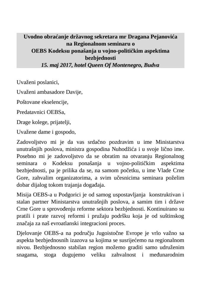 Uvodno obraćanje državnog sekretara mr Dragana Pejanovića, OEBS konferencija