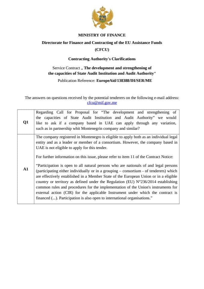 Clarifications no. 1 - EuropeAid-138388-IH-SER-ME