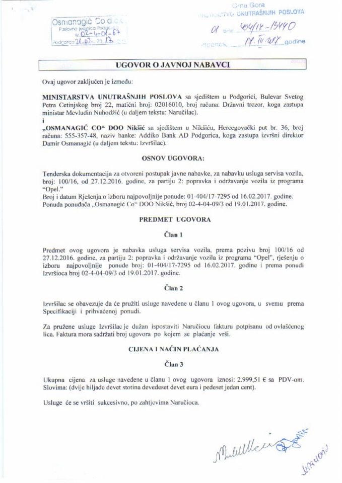 Ugovor o nabavci usluga servisa vozila broj 100-16