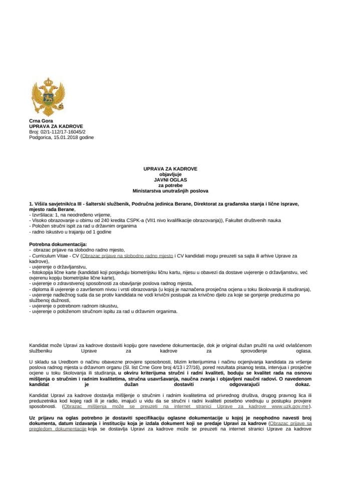 15-01-2018-Javni oglas, Viši/a savjetnik/ca III - šalterski službenik, Područna jedinica Berane, Direktorat za građanska stanja i lične isprave, mjesto rada Berane