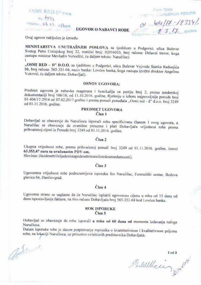 Ugovor o nabaci reagenasa i hemikalija, broj 106-16, partija 2