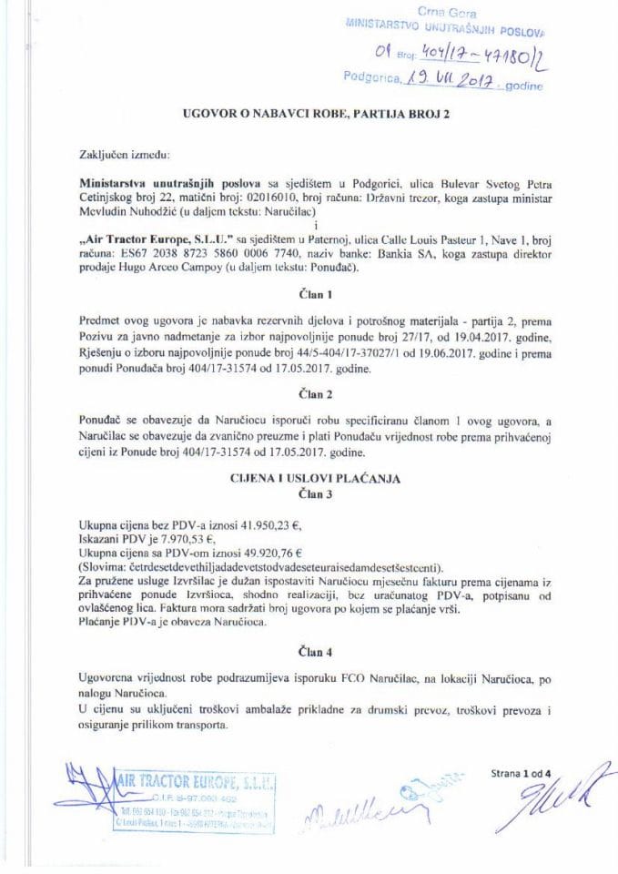 Ugovor o nabavci rezervnih dijelova i potrošnog materijala, broj 27-17, partija 2