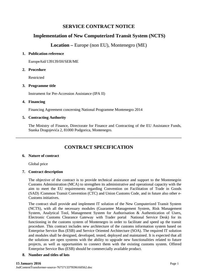 Contract notice -  Implementation of New Computerized Transit System (NCTS)