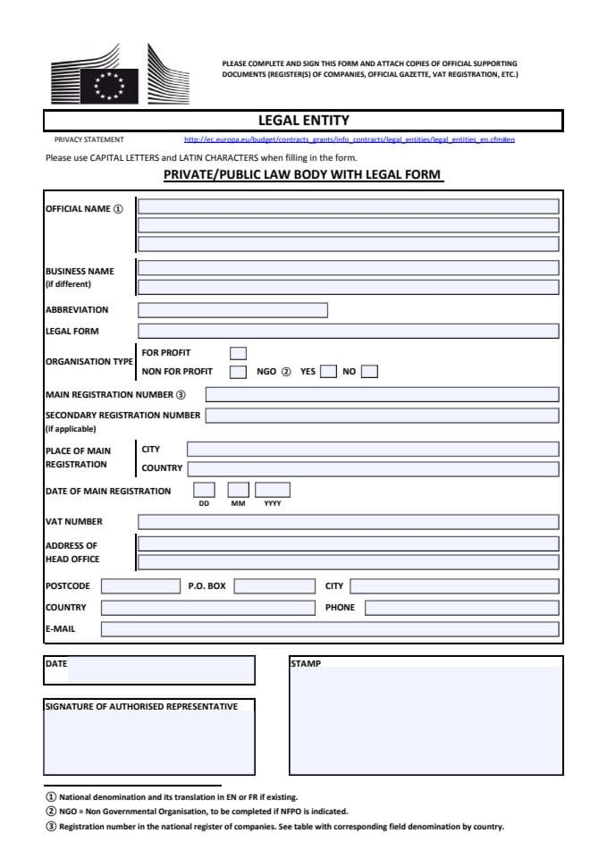 Annex D - Legal Entity Sheet (private or public law body with legal form)