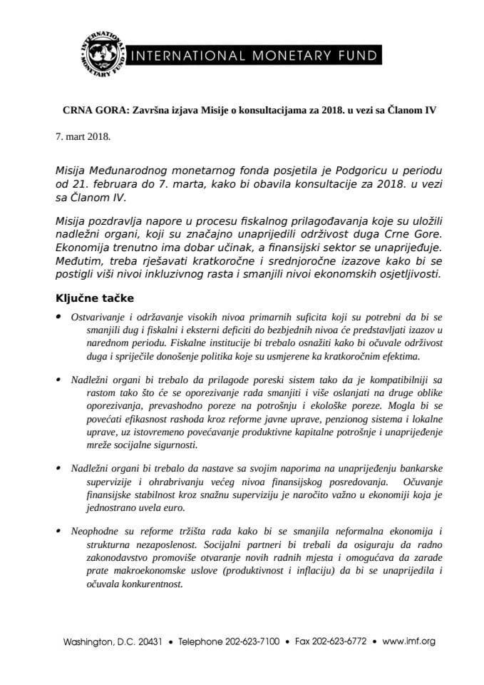Završna izjava Misije o konsultacijama za 2018. u vezi sa Članom IV