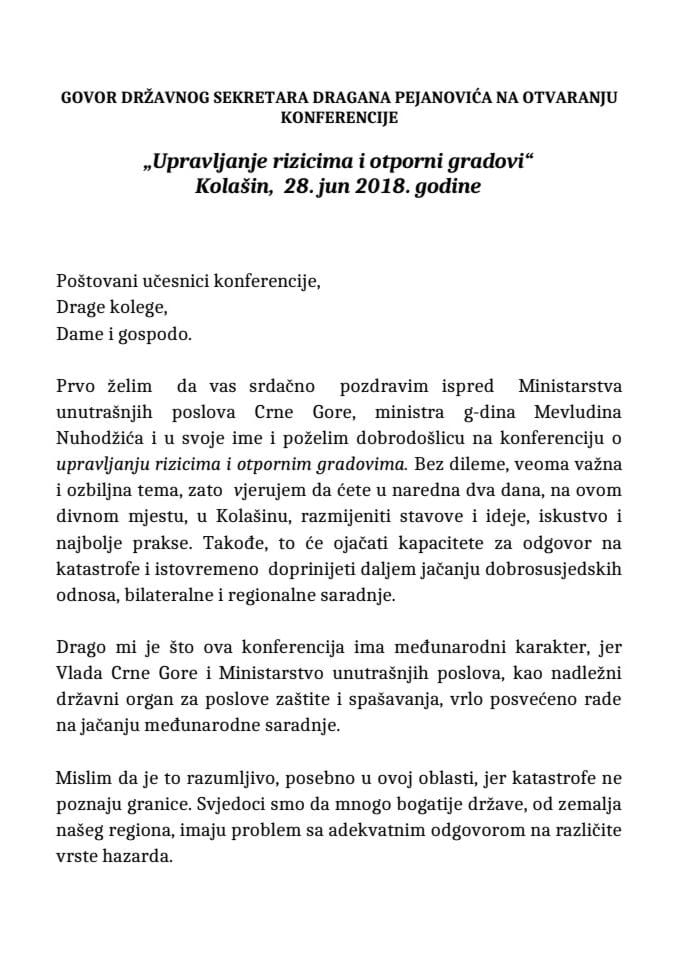 Govor  za otvaranje konferencije o DRR - jun 2018