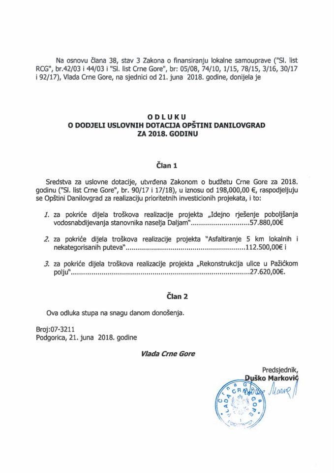 Одлука о додјели условних дотација Општини Даниловград за 2018. годину