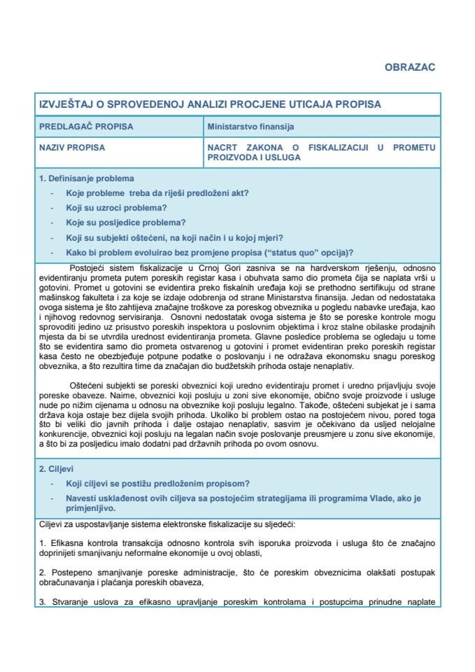 RIA Nacrt Zakona o fiskalizaciji