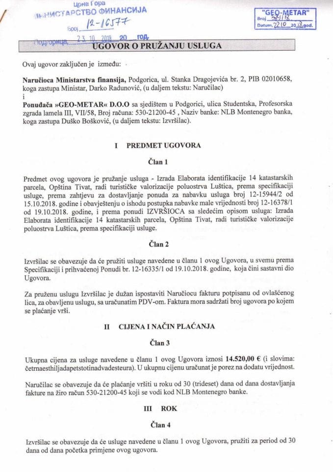 Уговор о пружању услуга Елаборат идентификације 14 катастарских парцела ,Општина Тиват