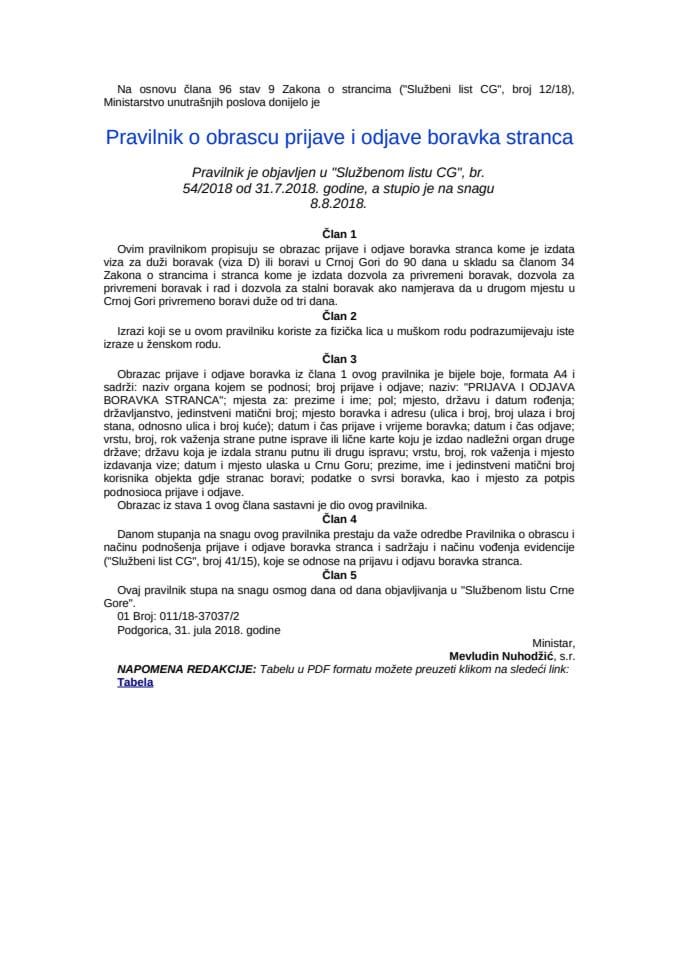 Pravilnik o obrascu prijave i odjave boravka stranca