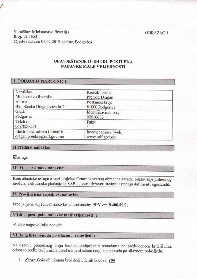 Obavještenje o ishodu Centralizovani obračun zarada