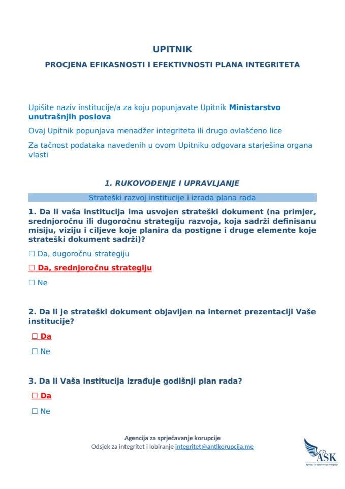 Upitnik za procjenu efikasnosti i efektivnosti postojećih mjera za jačanje integriteta