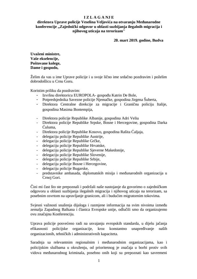 Излагање директора Управе полиције Веселина Вељовића на отварању међународне конференције