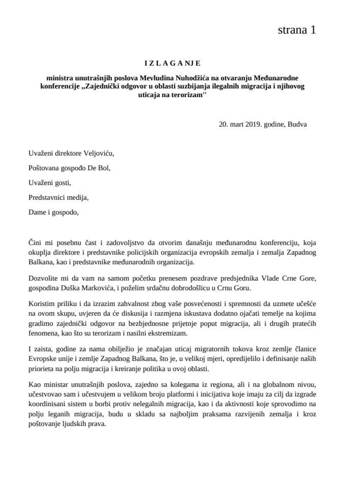 Izlaganje ministra unutrašnjih poslova Mevludina Nuhodžića na otvaranju međunarodne konferencije