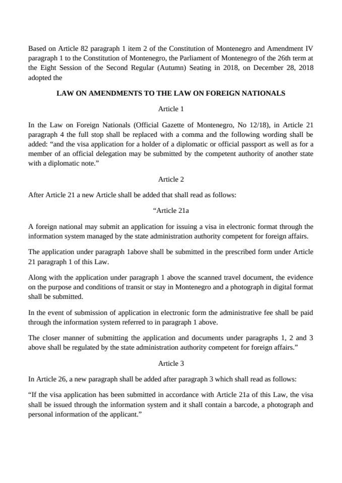 Law on Amendments to the Law on Foreign Nationals -Zakon o izmjenama i dopunama Zakona o strancima -ENG-