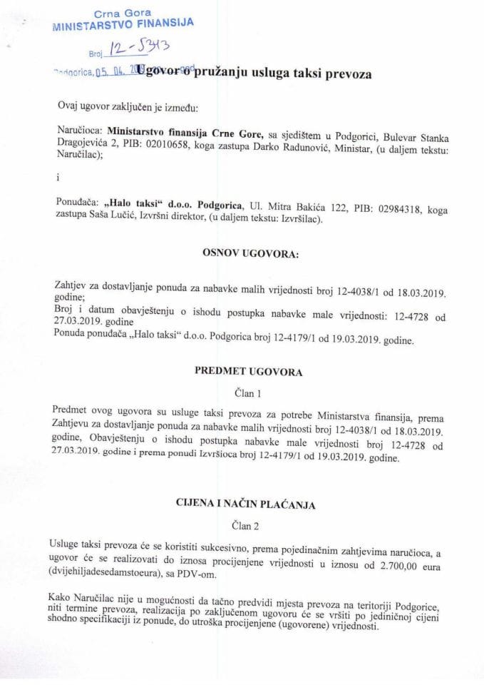 Ugovor-usluge taksi prevoza