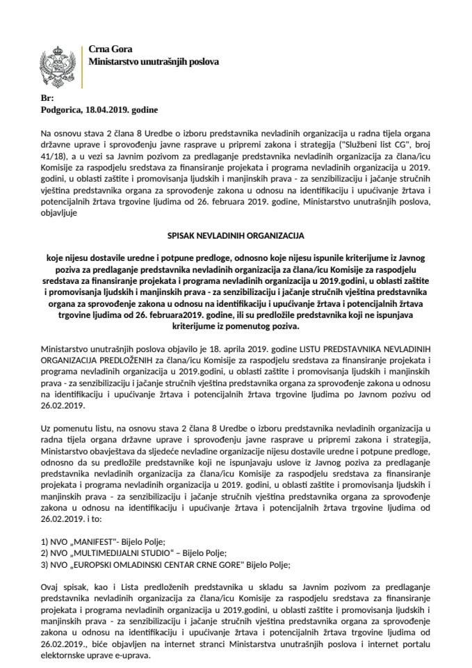 Spisak NVO koje ne ispunjavaju kriterijume