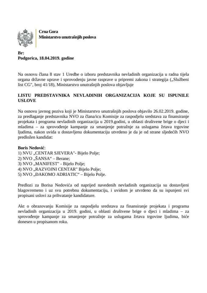 Lista NVO koje ispunjavaju uslove za člana Komisije u oblasti društvene brige o djeci