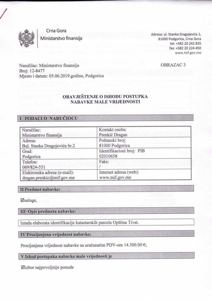 Obavjestenje o ishodu izrada elaborata identifikacije