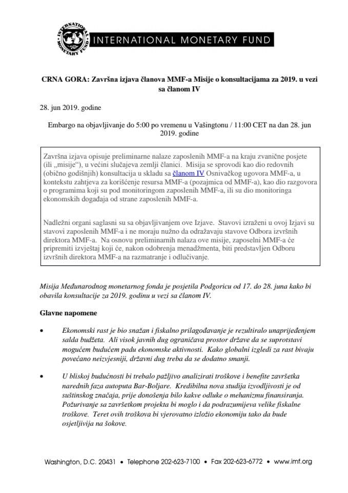 Integralni tekst završne izjave Misije o konsultacijama za 2019. godinu